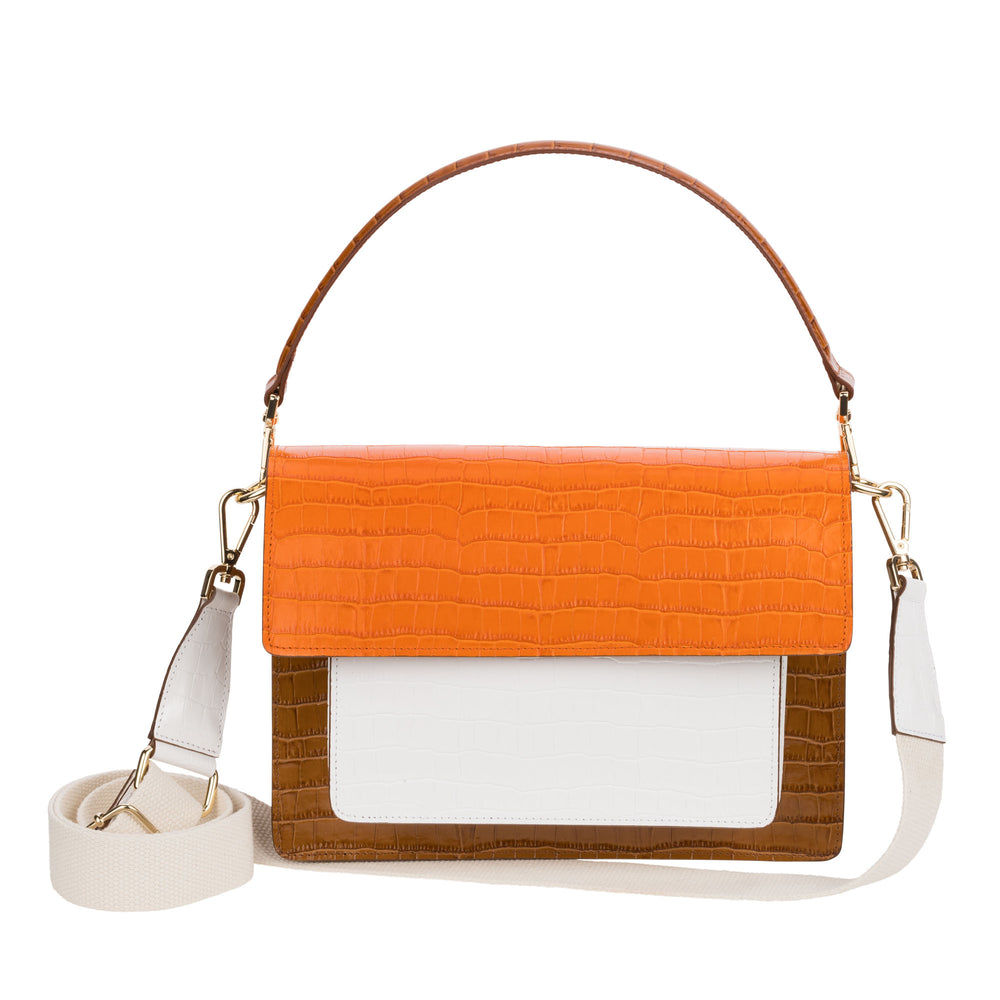 Chiara - Bag with long shoulder handle and shoulder strap, Tan/White/Orange colors